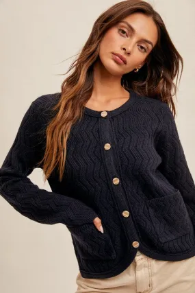 5785 Chevron Pattern Button Down Sweater in Navy