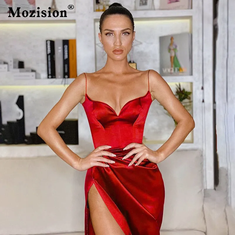 Amozae- Satin Spaghetti Strap Madi Dress For Women Summer Sleeveless Backless Bodycon Long Dresses Solid High Split Dress