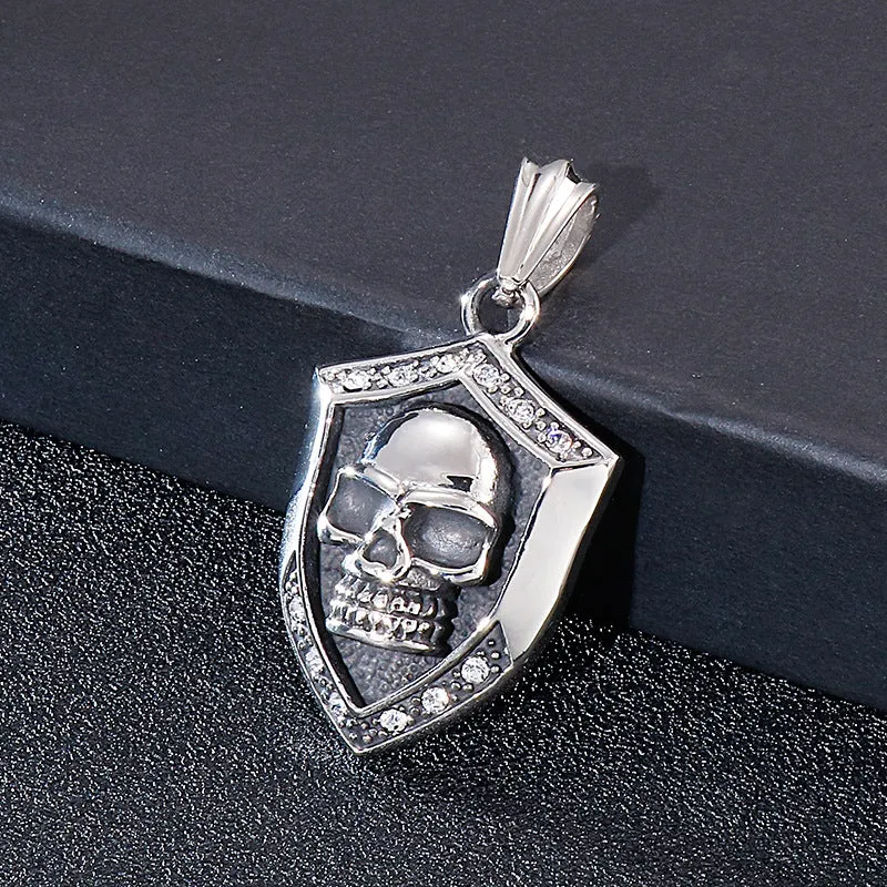 Anchor Skull Diamond Pendant Necklace for Men, Hipster Shield Titanium Steel