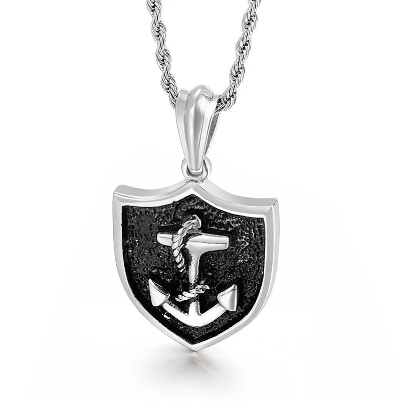 Anchor Skull Diamond Pendant Necklace for Men, Hipster Shield Titanium Steel