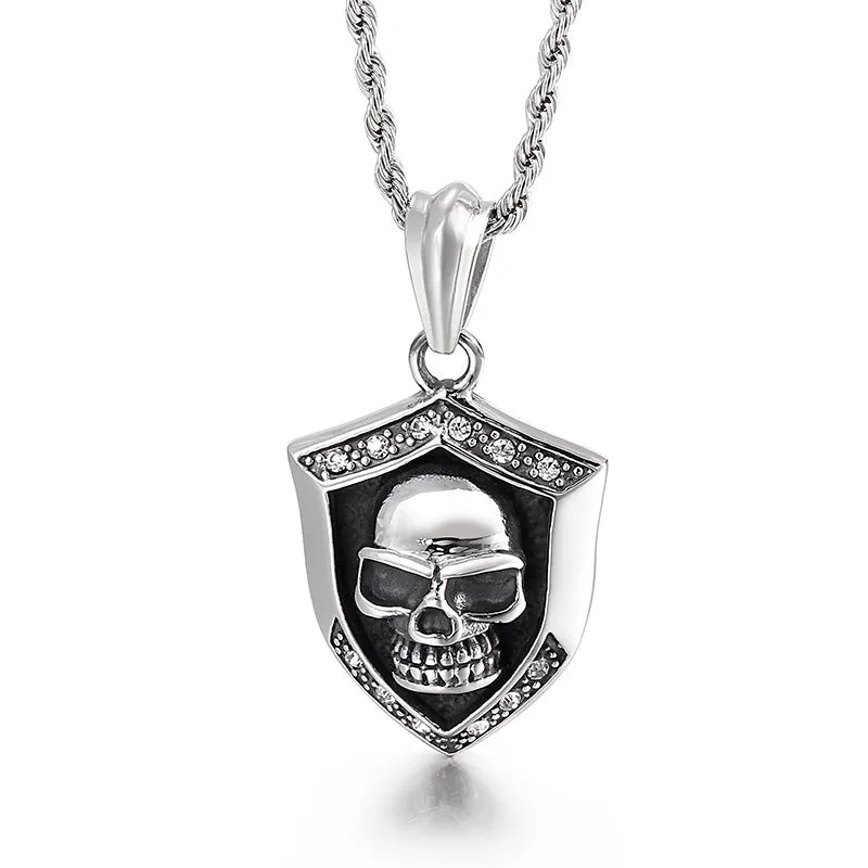 Anchor Skull Diamond Pendant Necklace for Men, Hipster Shield Titanium Steel