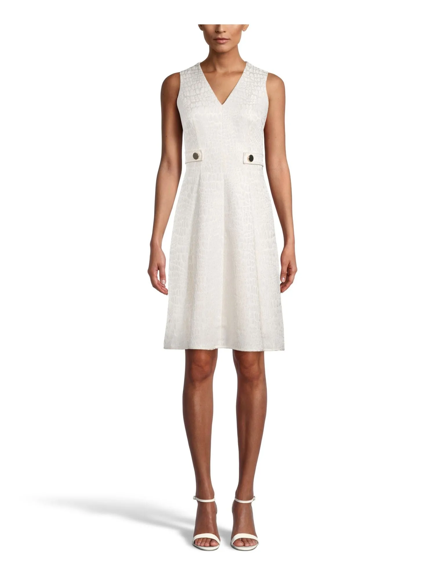 ANNE KLEIN Womens Ivory Zippered Textured Tab Detail Waist Sleeveless V Neck Above The Knee Wear To Work Fit   Flare Dress