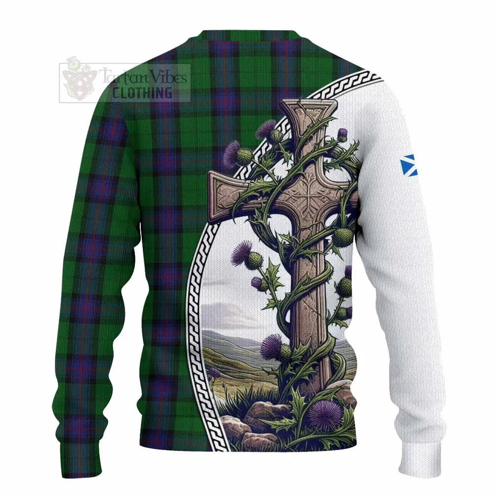 Armstrong Tartan Knitted Sweater with Family Crest and St. Andrew's Cross Accented by Thistle Vines