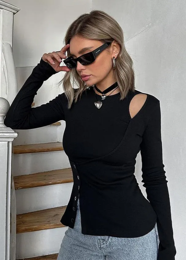 Asymmetric Cutout Black Knit Top