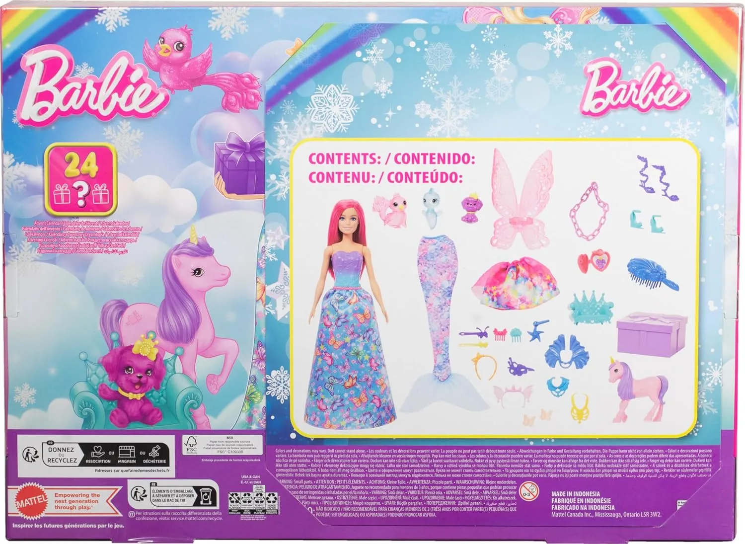 Barbie Advent Calendar with Doll & 24 Surprise Accessories Including Unicorn & 3 Pets, Transform Pink-Haired Fashion Doll into Mermaid, Fairy & More