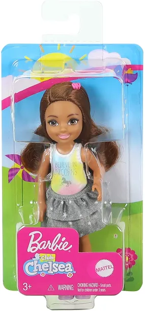 Barbie Club Chelsea Doll (6-inch Brunette) Wearing Unicorn-Themed Graphic and Star Skirt, for