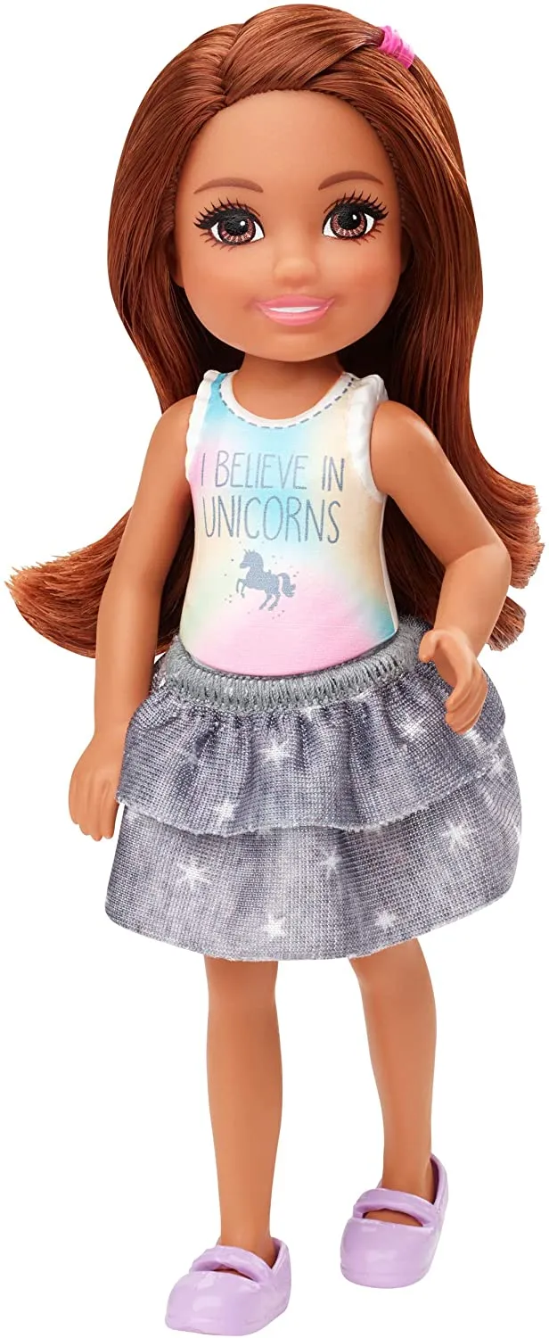 Barbie Club Chelsea Doll (6-inch Brunette) Wearing Unicorn-Themed Graphic and Star Skirt, for