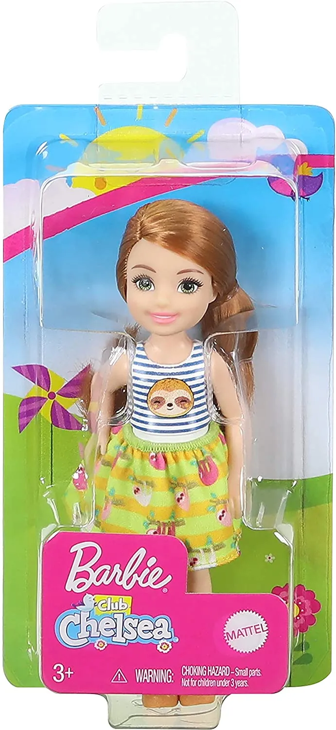 Barbie Club Chelsea Doll (6-inch) with Red Hair, Wearing Sloth Graphic and Skirt, for 3 to 7 Year Olds