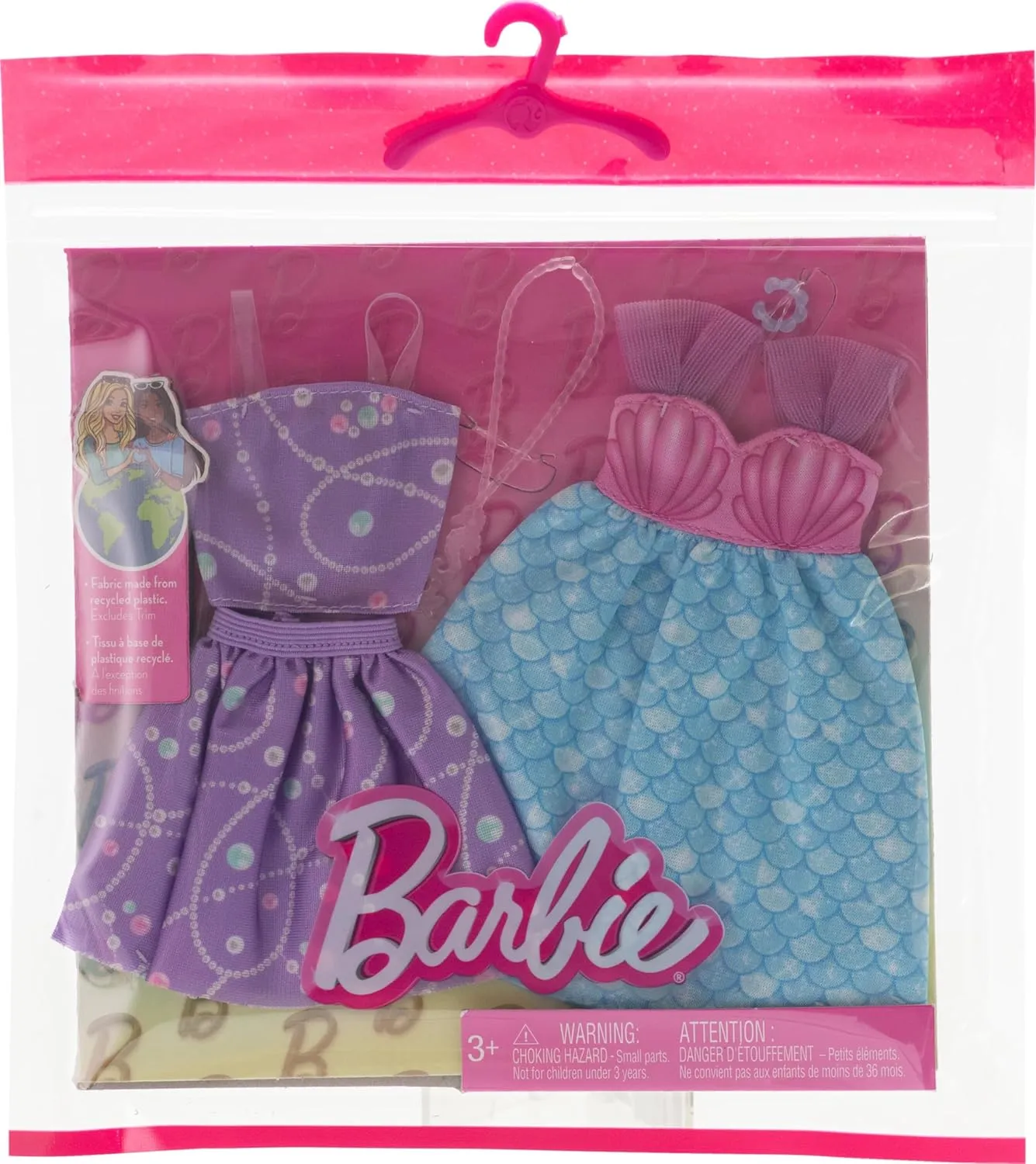 Barbie Fashion 2-Pack, Mermaid Dress, Purple Top   Skirt, Pink Seahorse Necklace, And A Blue Bracelet