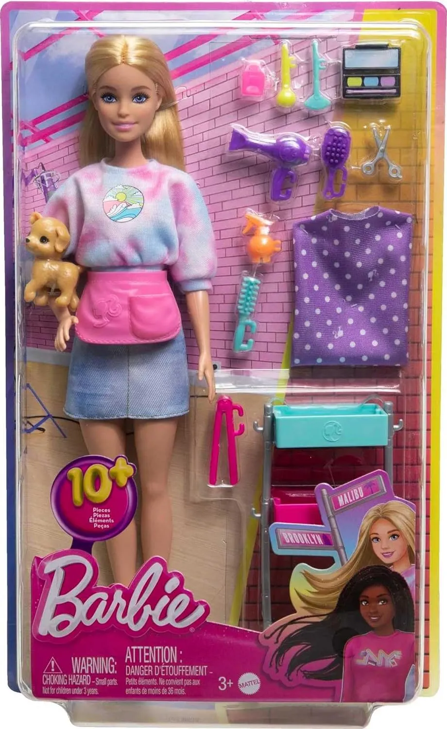 Barbie Malibu Stylist Doll & 14 Accessories Playset, Hair & Makeup Theme with Puppy & Styling Cart