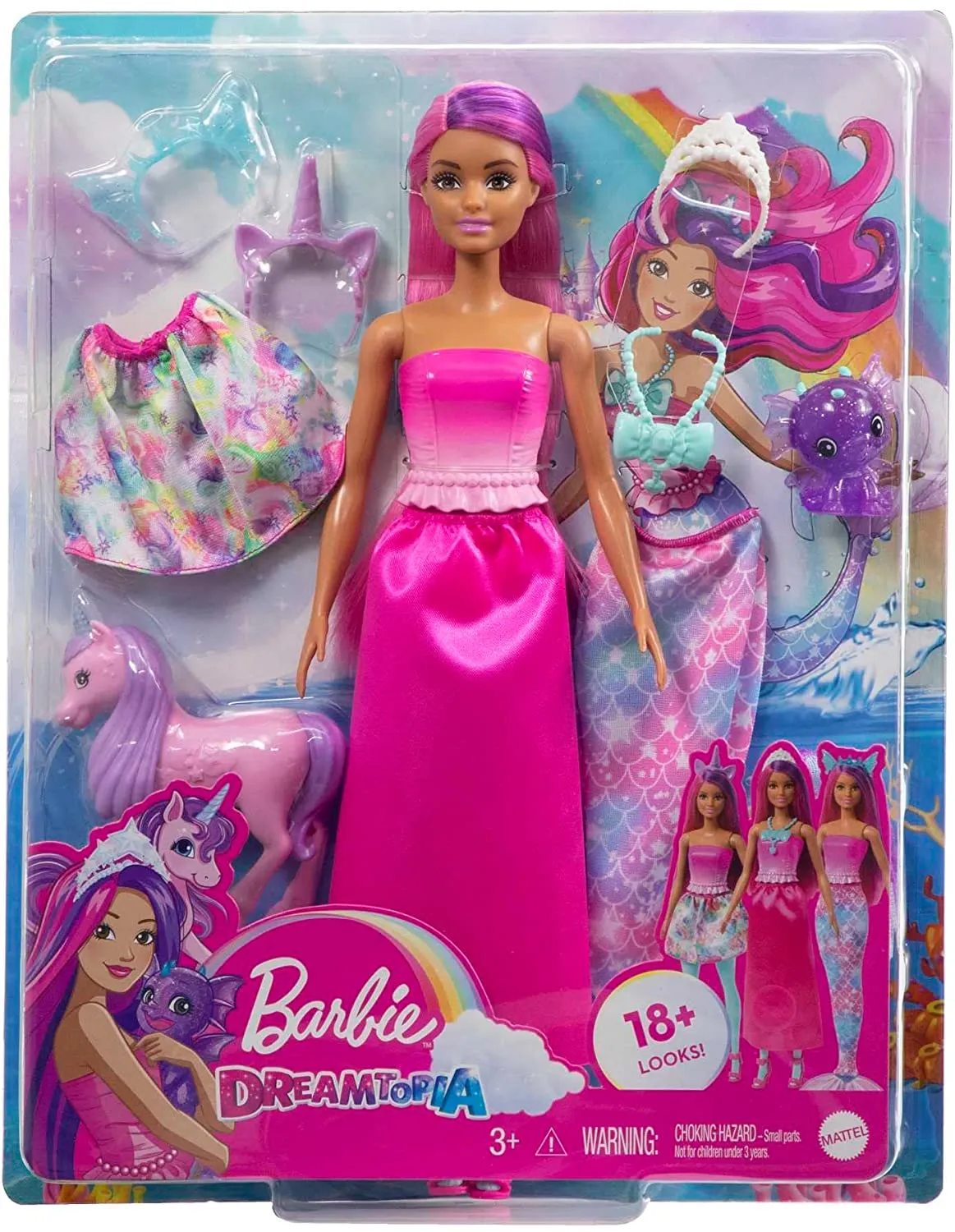 Barbie Mermaid Fantasy Dress-Up Clothes Set & Accessories Doll with Baby Unicorn and Dragon Pets for Kids Ages 3 