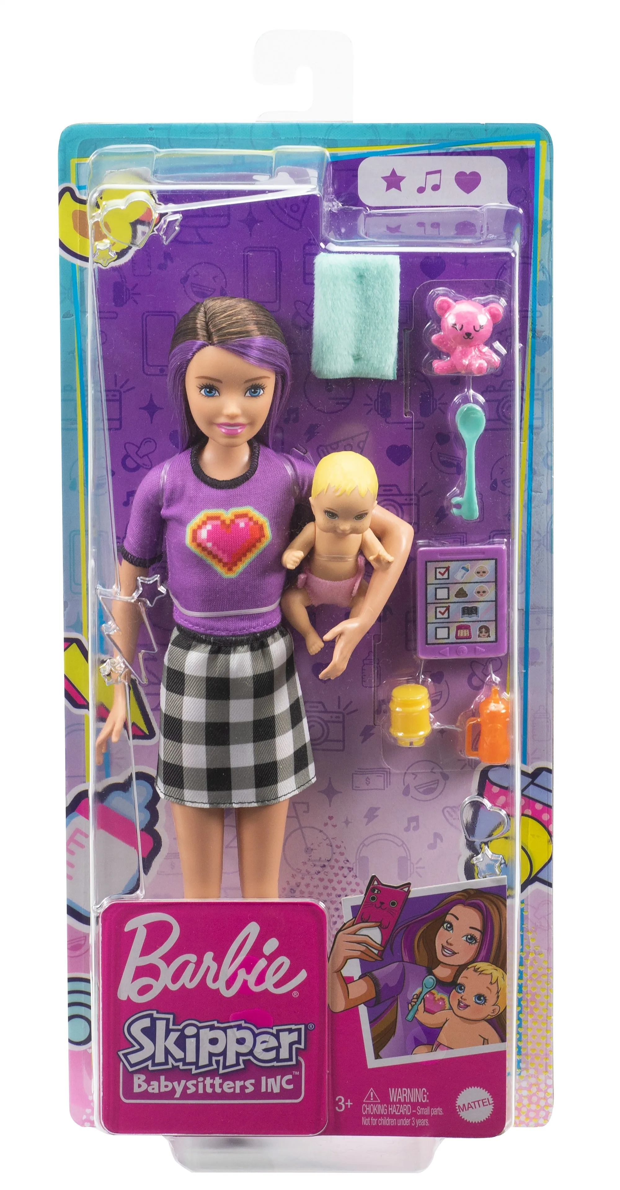 Barbie Skipper Babysitters Doll & Accessories Set with 9 Inch Brunette Skipper Doll, Baby Doll & 4 Storytelling Pieces for Kids Ages 3 