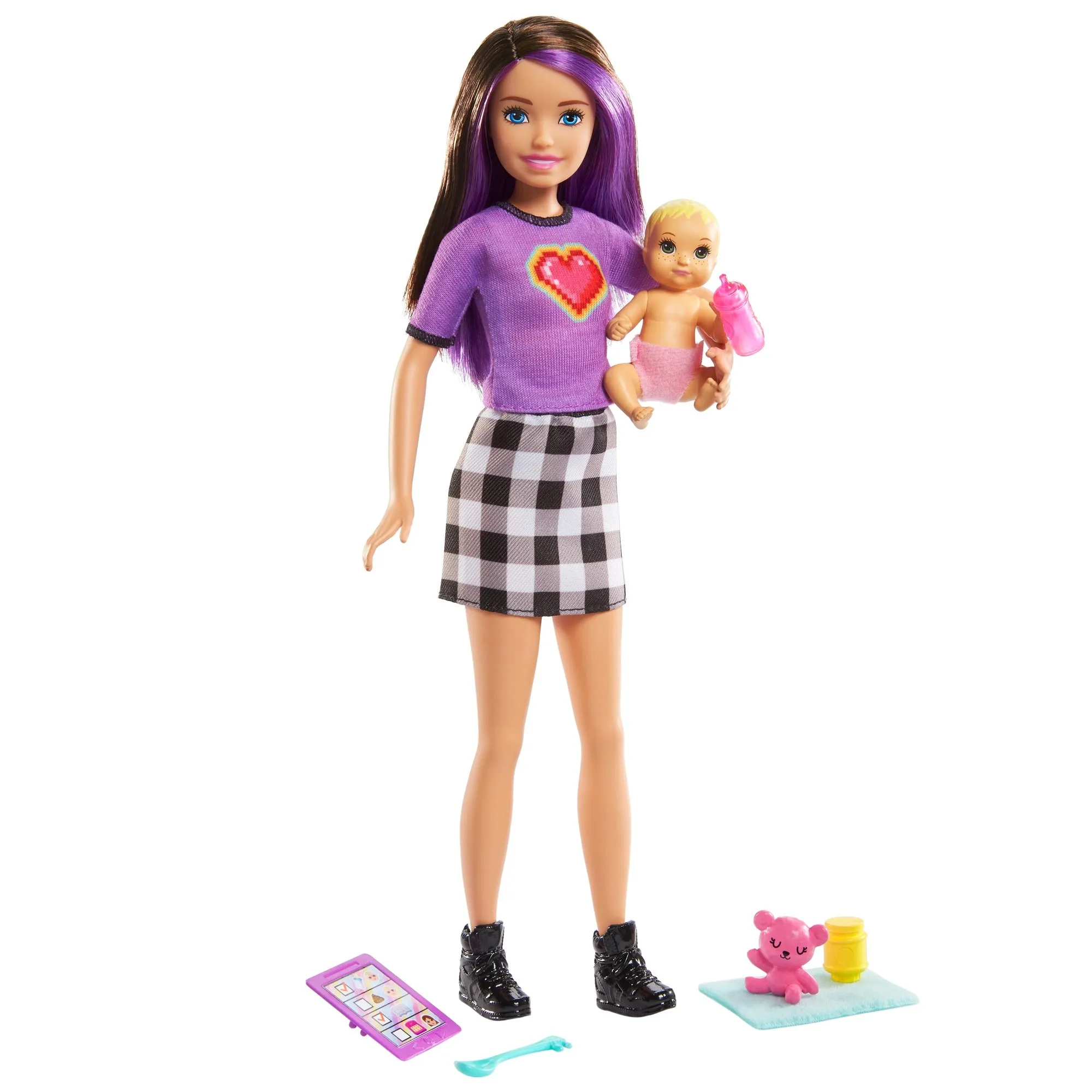 Barbie Skipper Babysitters Doll & Accessories Set with 9 Inch Brunette Skipper Doll, Baby Doll & 4 Storytelling Pieces for Kids Ages 3 