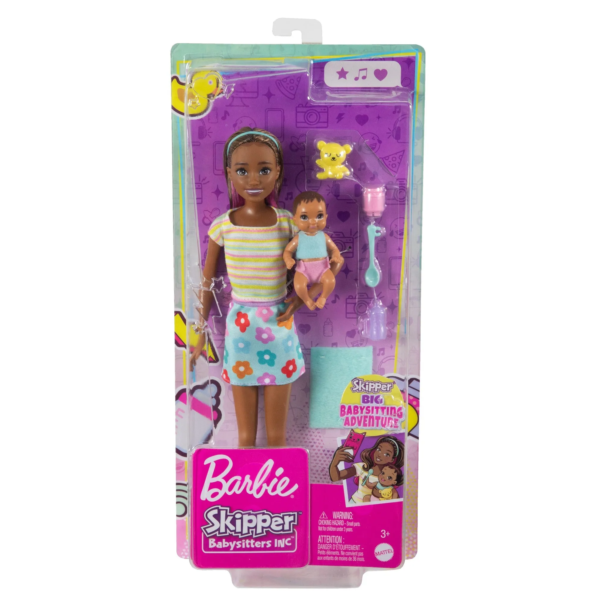 Barbie Skipper Babysitters Doll & Accessories Set with Brunette Skipper Doll with Baby Figure and 5 Accessories for Kids Ages 3 