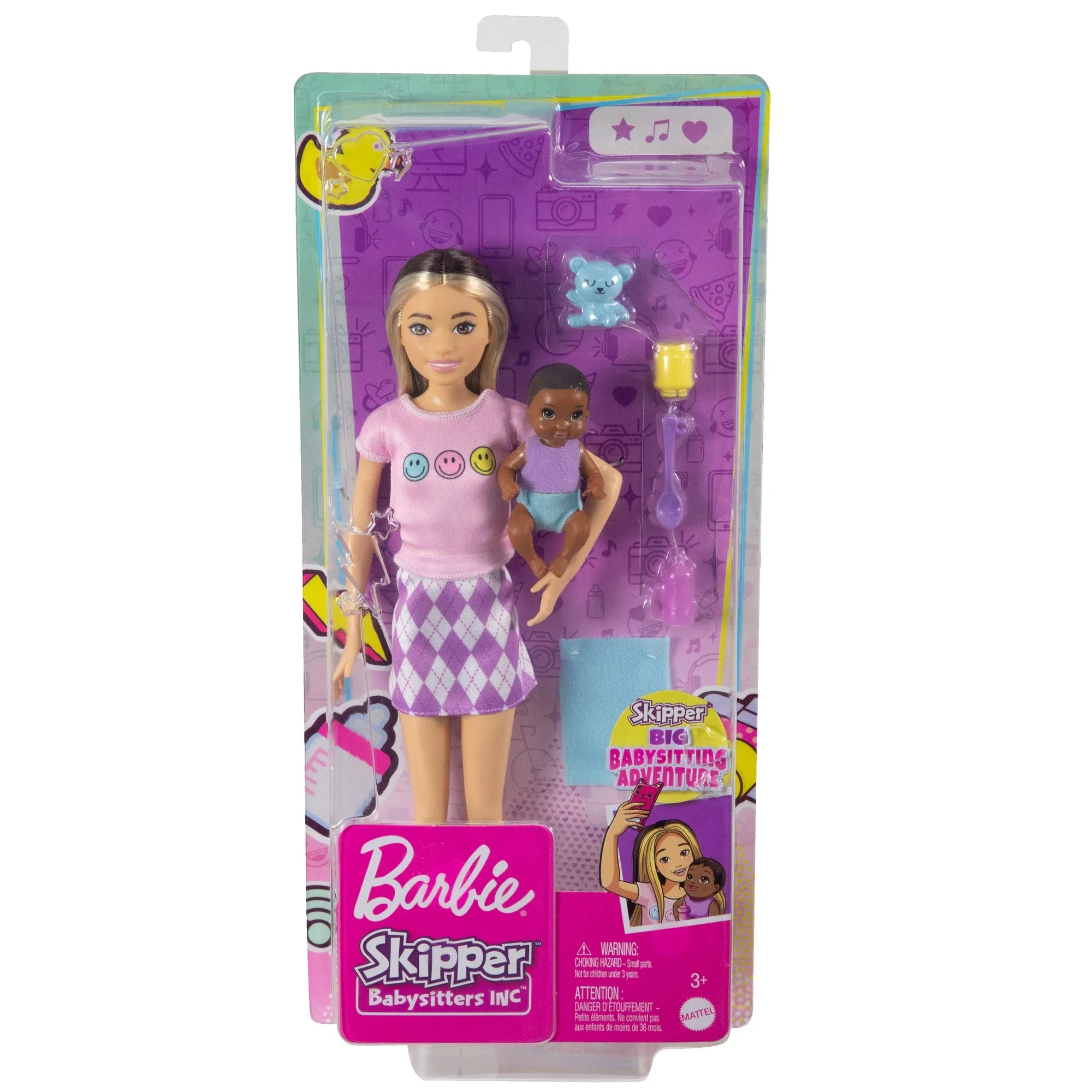 Barbie Skipper Babysitters Doll & Accessories Set with Two Tone Hair Skipper Doll with Baby Figure and 5 Accessories for Kids Ages 3 