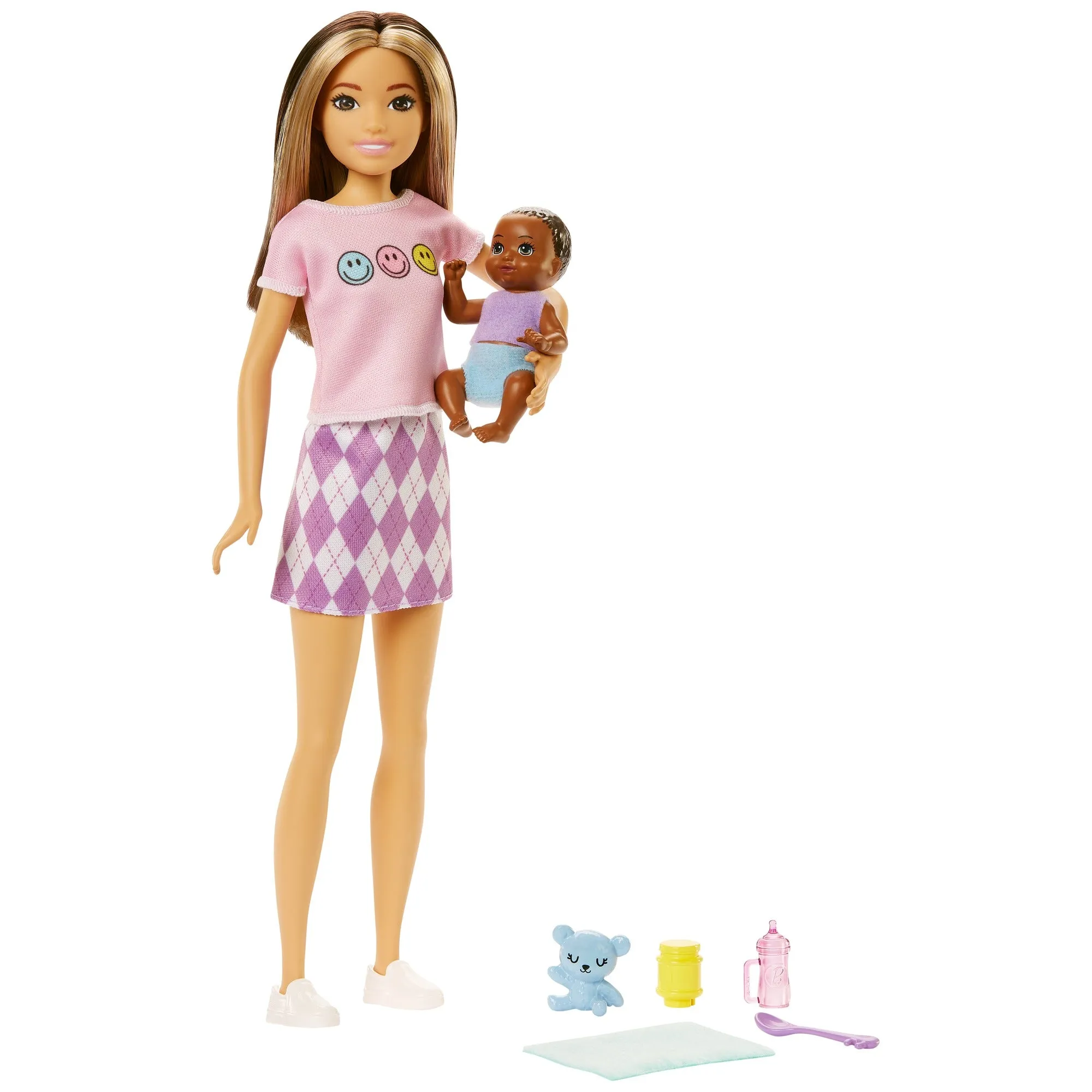 Barbie Skipper Babysitters Doll & Accessories Set with Two Tone Hair Skipper Doll with Baby Figure and 5 Accessories for Kids Ages 3 