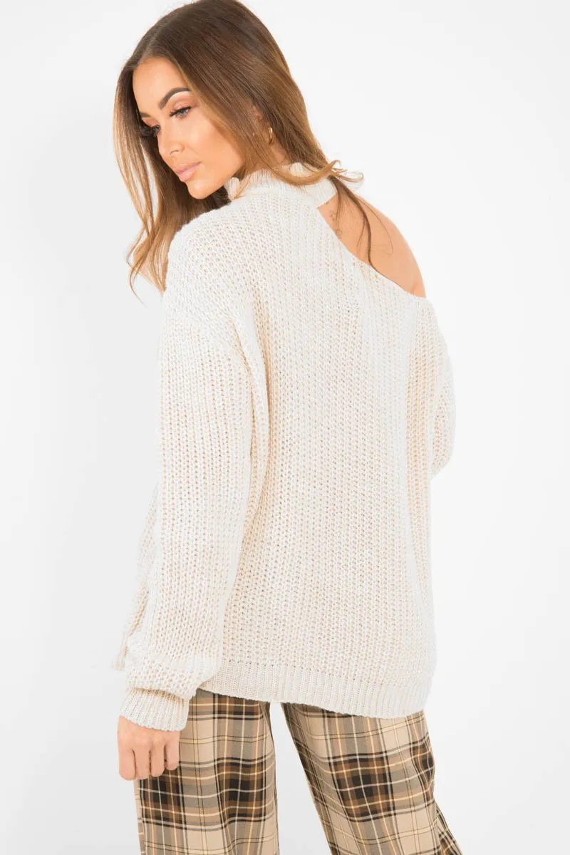 Beige Knitted Slash Neck Off Shoulder Jumper - Hazel