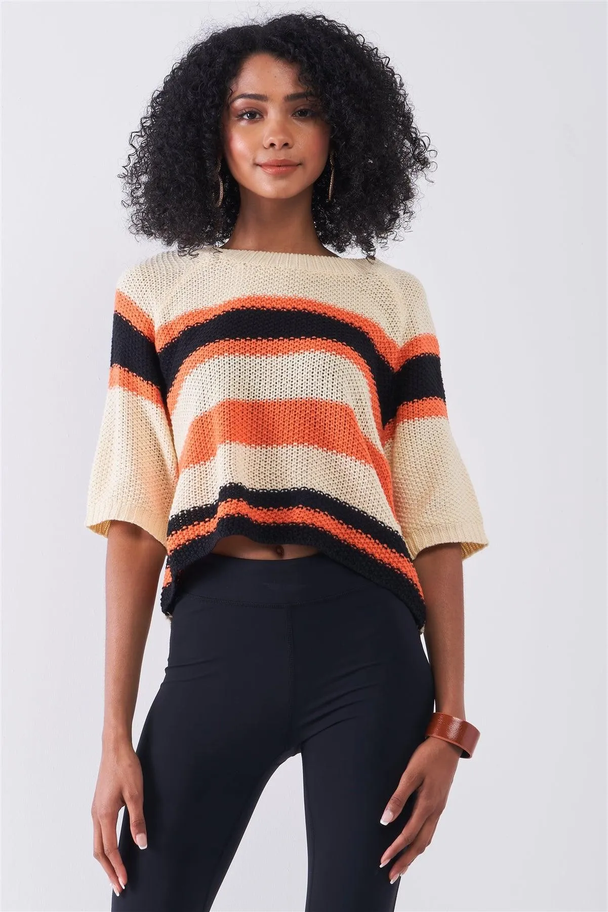 Beige Multicolor Striped Knit Wide Midi Sleeve Crop Sweater Top /1-2-1