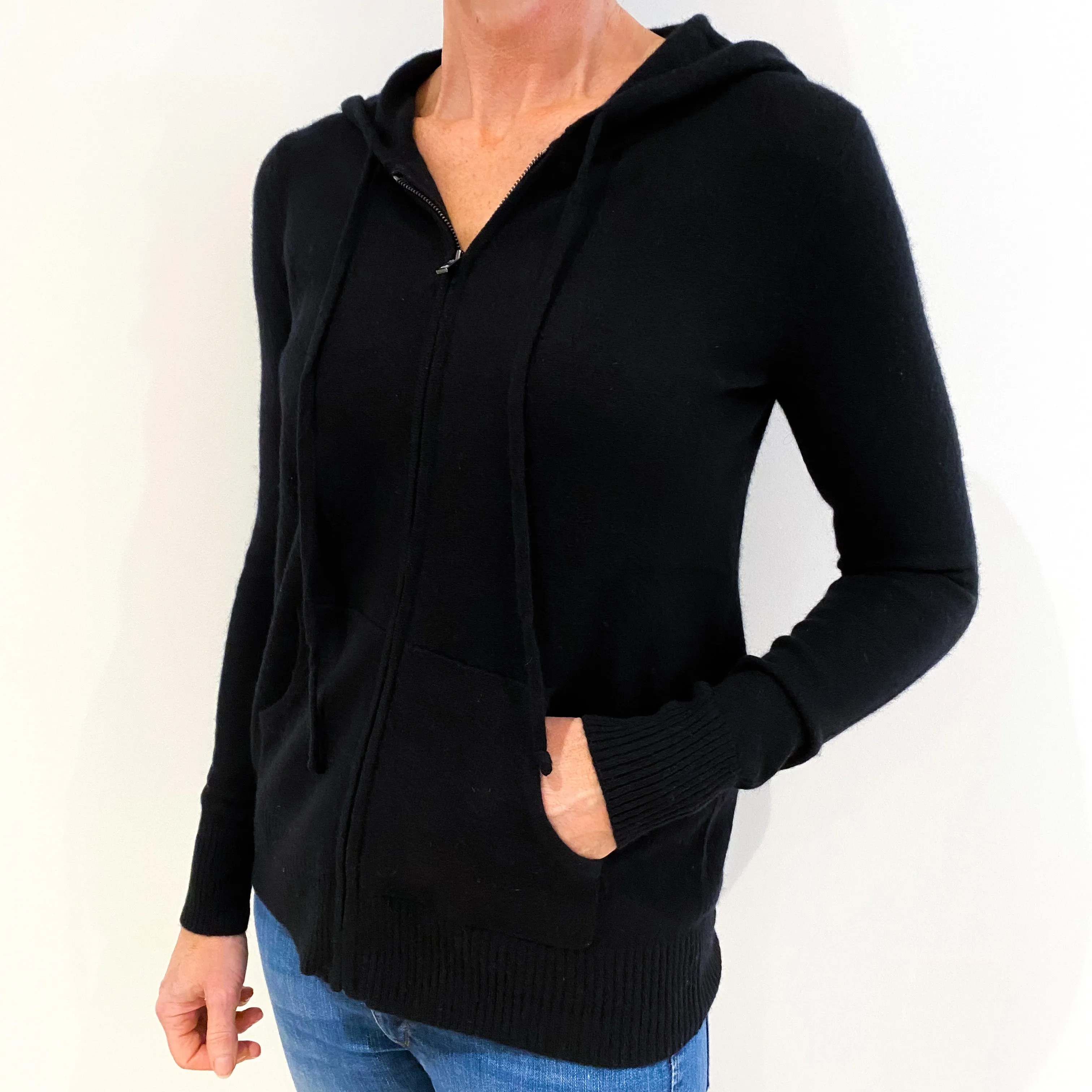 Black Cashmere Zip Up Hooded Jumper Small