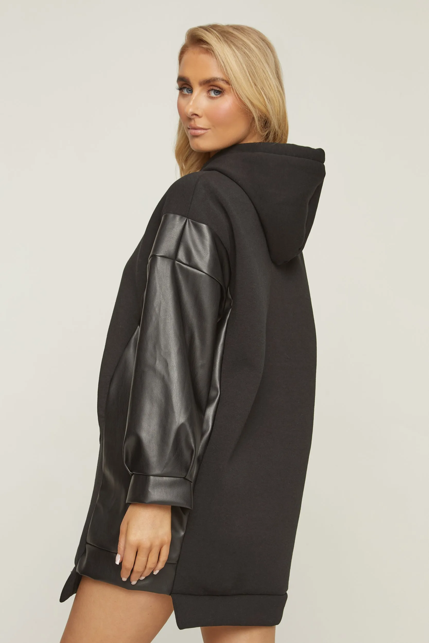 Black Faux Leather Long Sleeves Hooded Jumper Dress - Kary