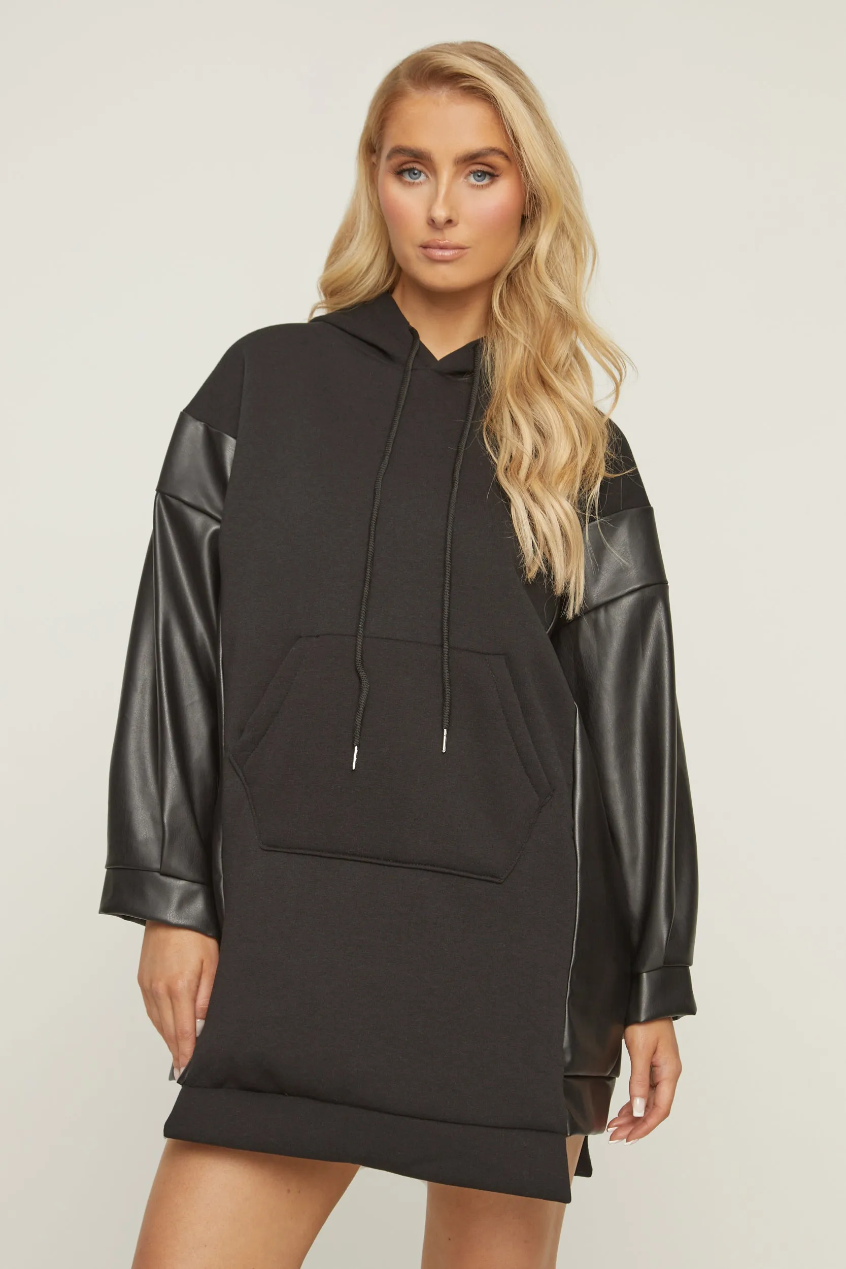 Black Faux Leather Long Sleeves Hooded Jumper Dress - Kary