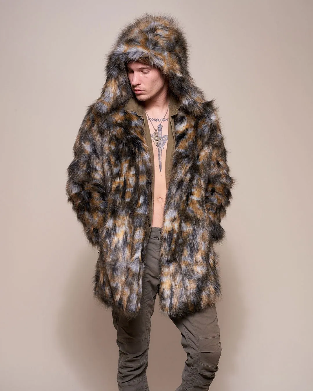 Brindle Wolf Hooded Faux Fur Coat | Men's