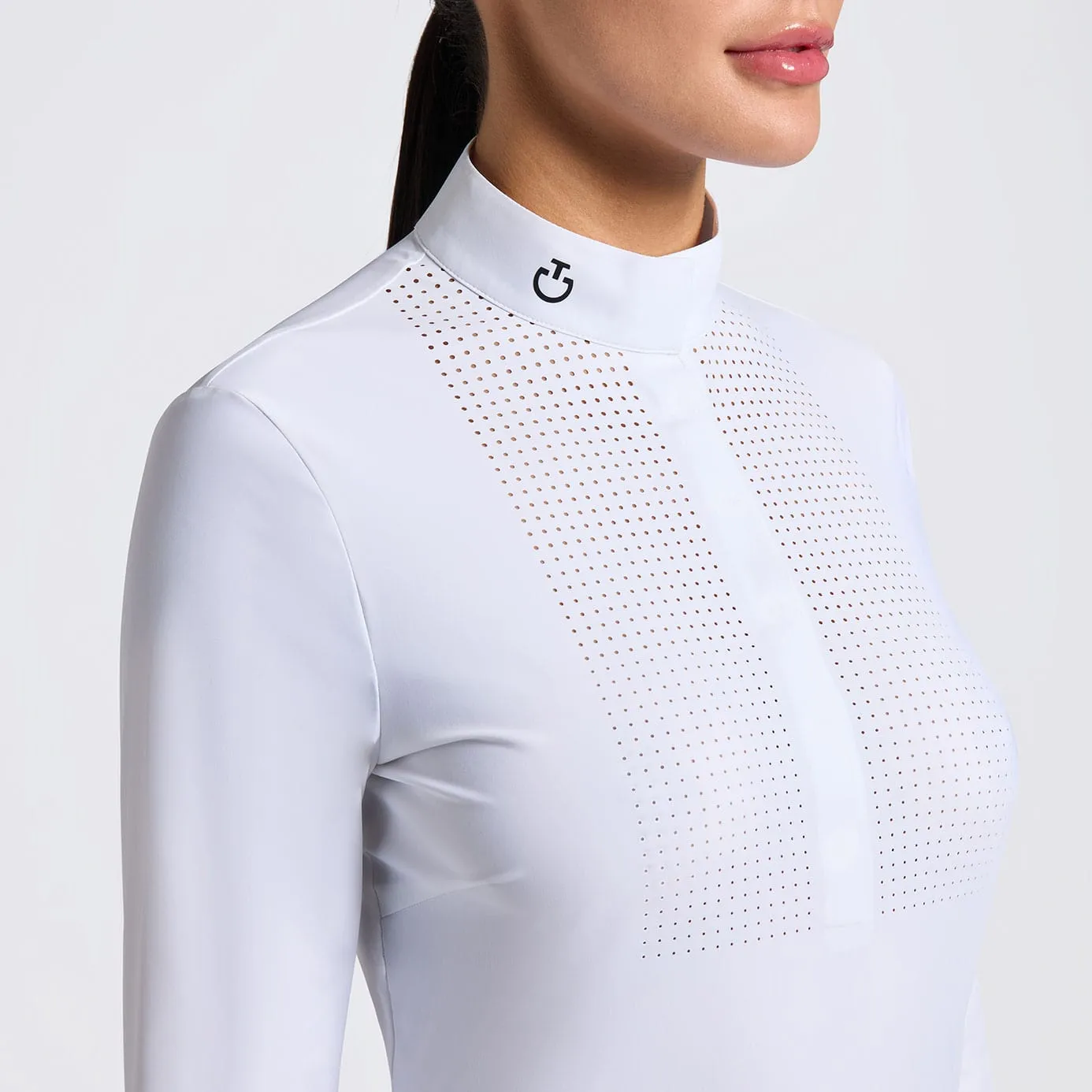 Cavalleria Toscana Perforated Bib Long Sleeve Show Shirt - White