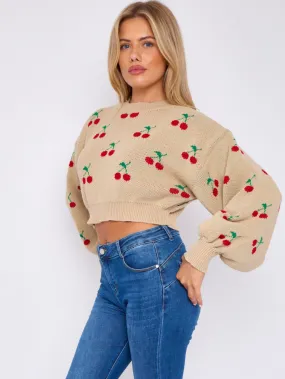 Cherry Detail Oversized Cropped Knitted Jumper