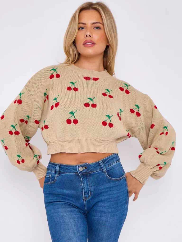 Cherry Detail Oversized Cropped Knitted Jumper