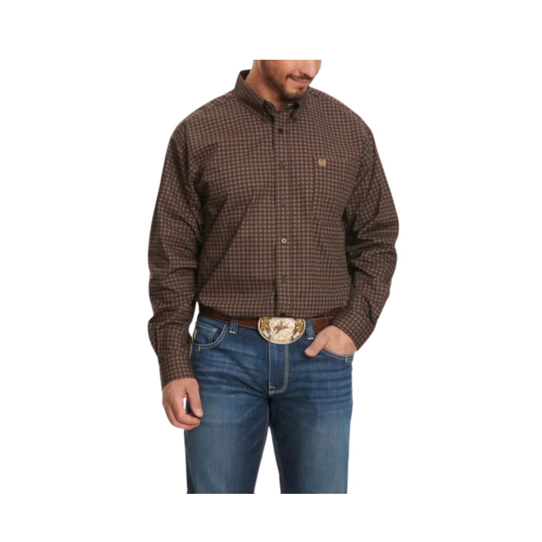 Cinch Men's Tan Diamond Print Long Sleeve Western Chocolate Brown Shirt