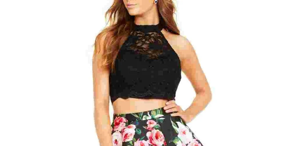 City Studios Junior's 2 Pc Lace Halter Top & Floral Print Skirt Pink Size 5