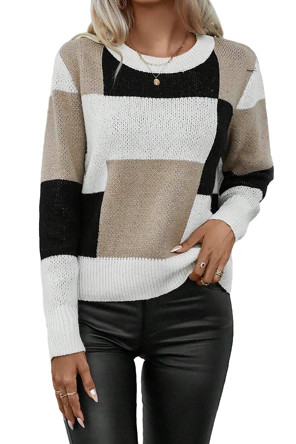 Colorblock Plaid Long Sleeve Sweater