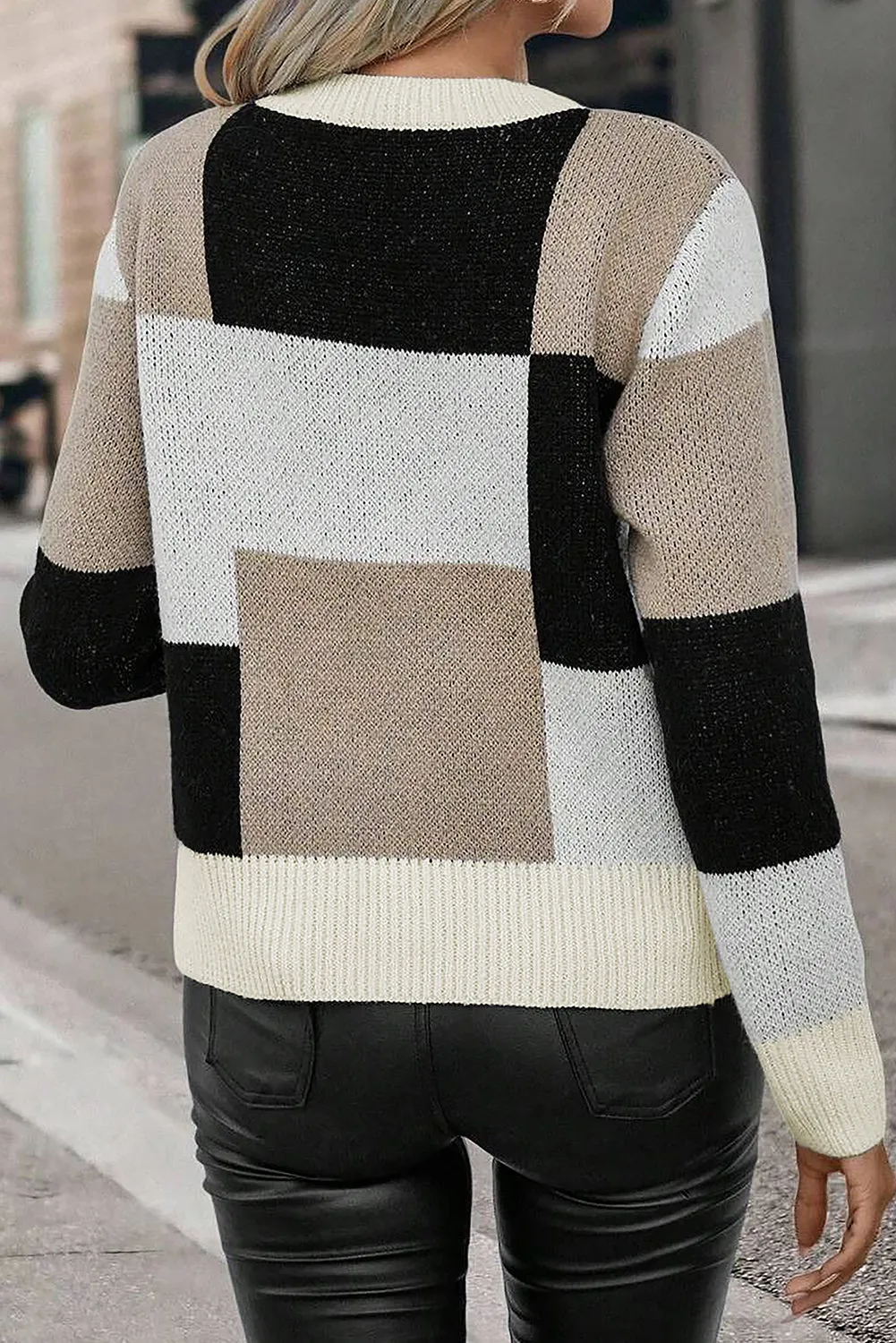 Colorblock Plaid Long Sleeve Sweater