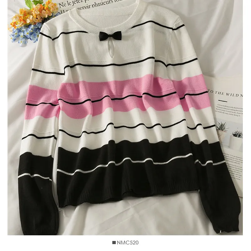 Contrast stitched striped bow Crew Neck Long Sleeve T-Shirt  2062