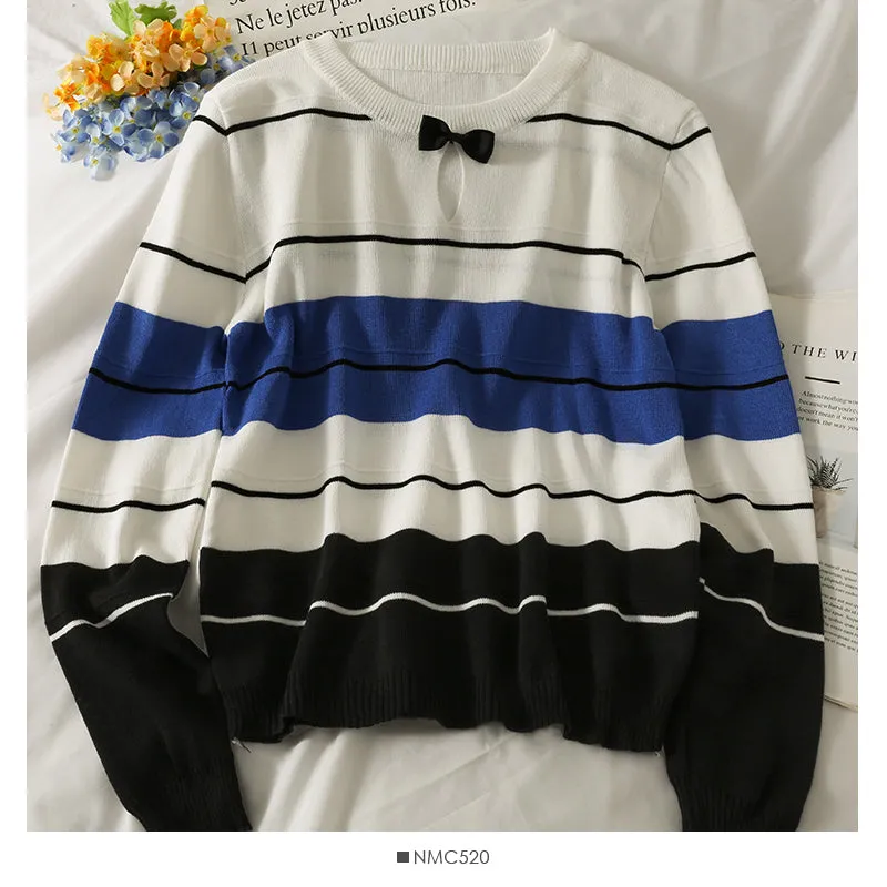 Contrast stitched striped bow Crew Neck Long Sleeve T-Shirt  2062