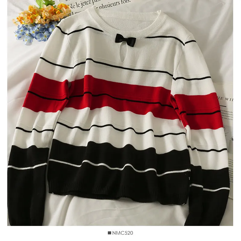 Contrast stitched striped bow Crew Neck Long Sleeve T-Shirt  2062