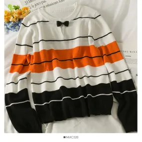 Contrast stitched striped bow Crew Neck Long Sleeve T-Shirt  2062