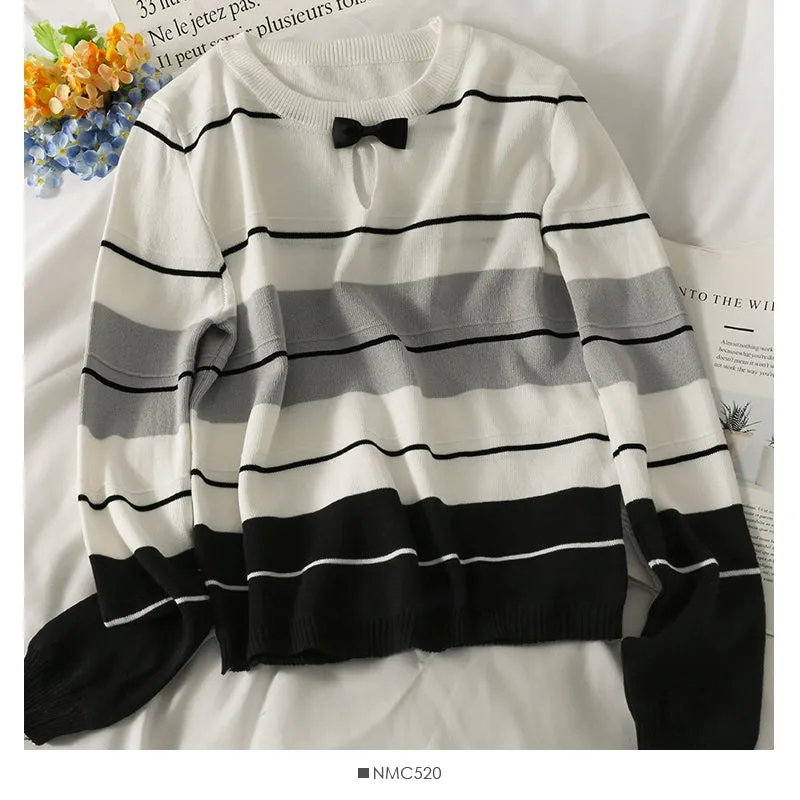 Contrast stitched striped bow Crew Neck Long Sleeve T-Shirt  2062