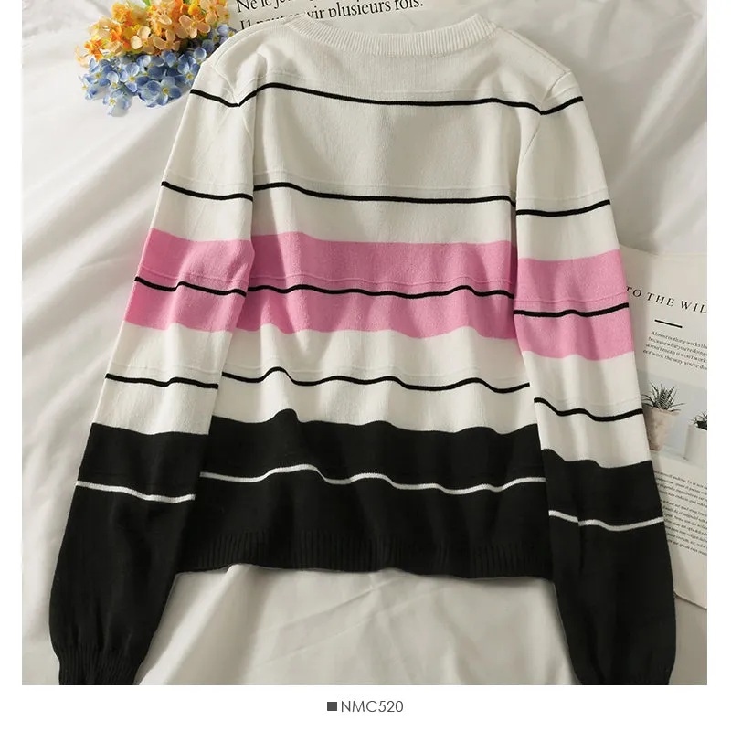 Contrast stitched striped bow Crew Neck Long Sleeve T-Shirt  2062