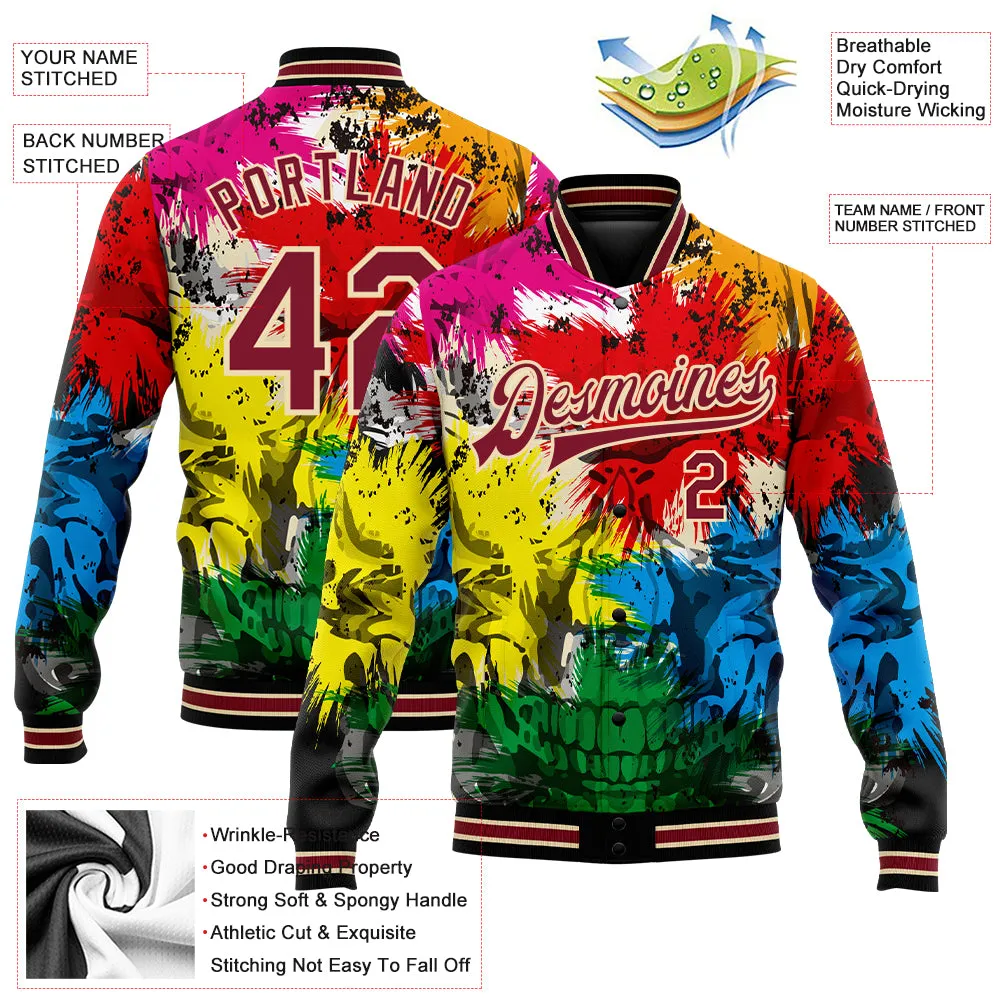 Custom Black Crimson-City Cream Skull Fashion 3D Bomber Full-Snap Varsity Letterman Jacket