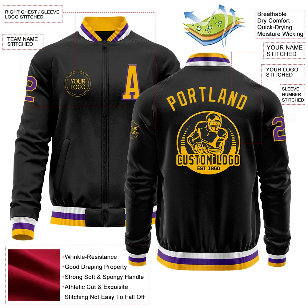 Custom Black Gold-Purple Bomber Varsity Letterman Zipper Jacket