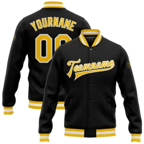 Custom Black Gold-White Bomber Full-Snap Varsity Letterman Jacket