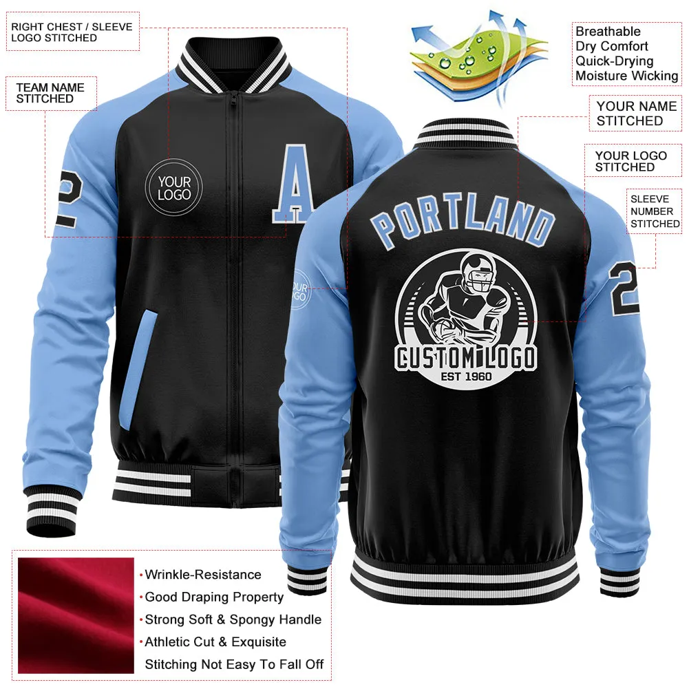 Custom Black Light Blue-White Bomber Varsity Letterman Two Tone Zipper Jacket