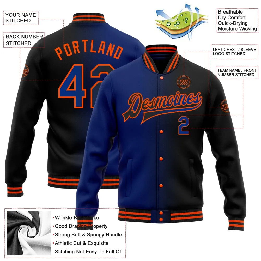 Custom Black Royal-Orange Bomber Full-Snap Varsity Letterman Gradient Fashion Jacket