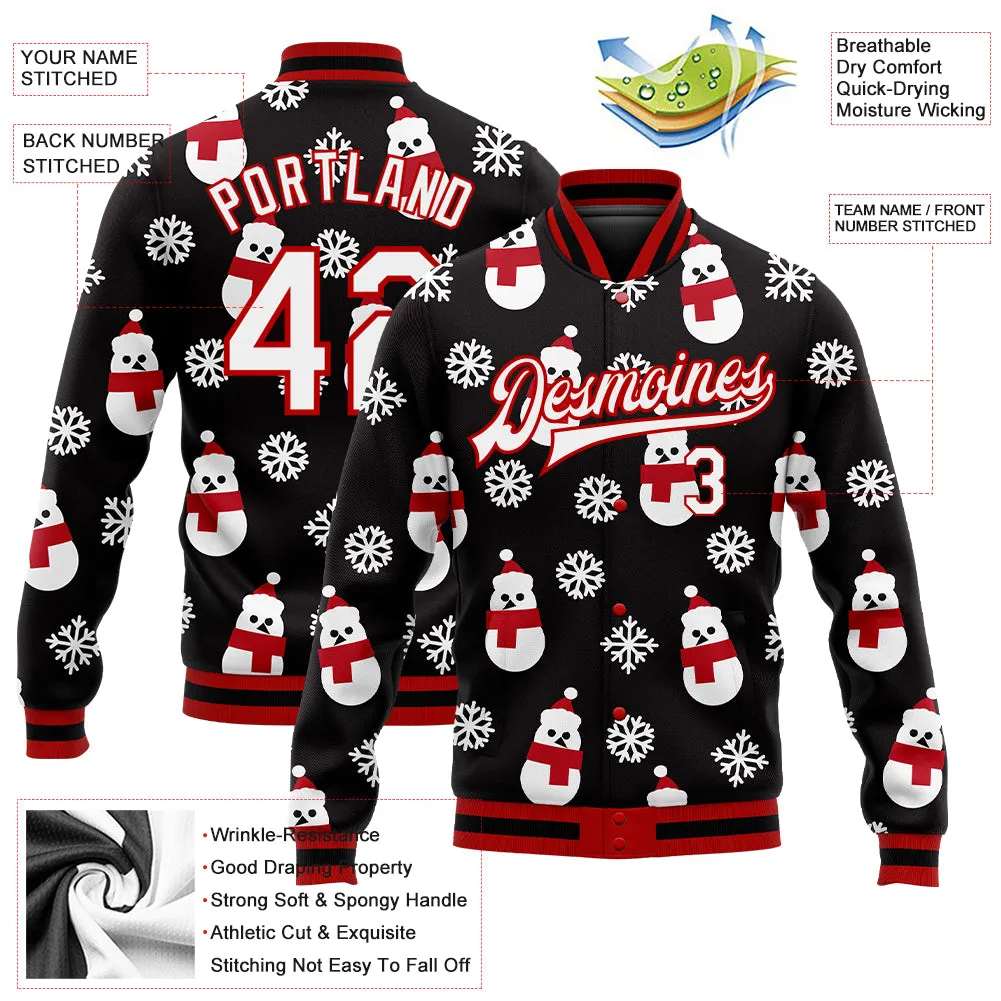 Custom Black White-Red Christmas 3D Bomber Full-Snap Varsity Letterman Jacket