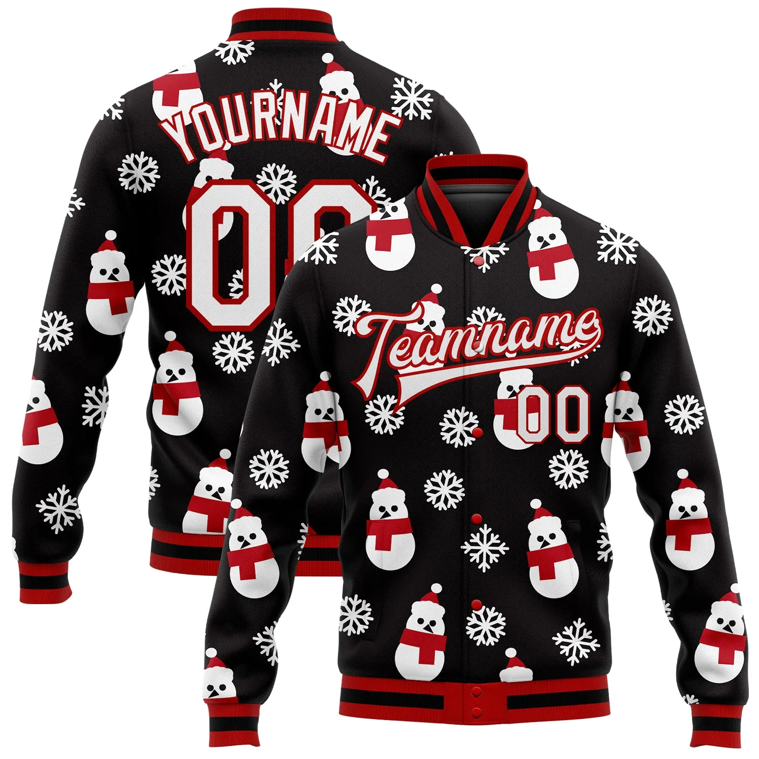 Custom Black White-Red Christmas 3D Bomber Full-Snap Varsity Letterman Jacket