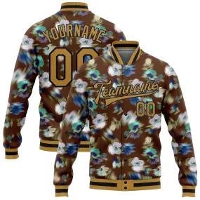 Custom Brown Old Gold-Black Fuzzy Flower Art 3D Pattern Design Bomber Full-Snap Varsity Letterman Jacket