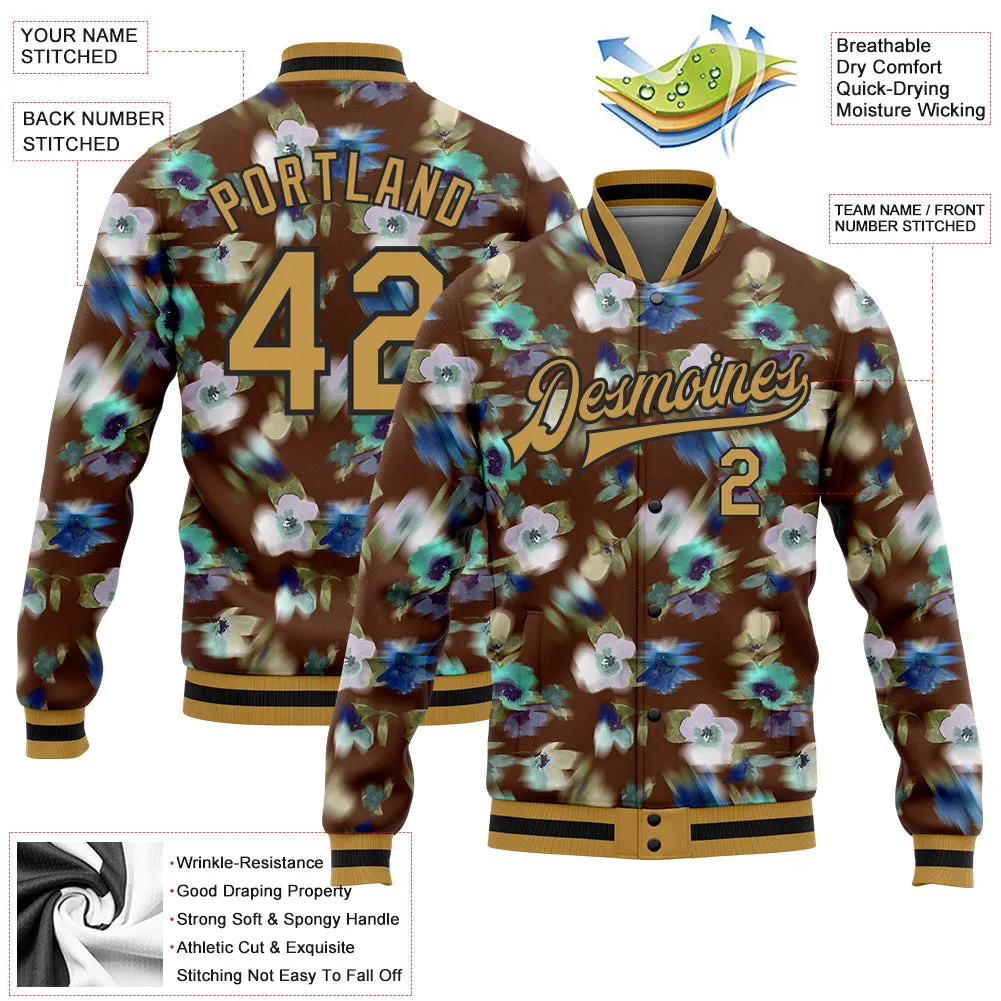 Custom Brown Old Gold-Black Fuzzy Flower Art 3D Pattern Design Bomber Full-Snap Varsity Letterman Jacket