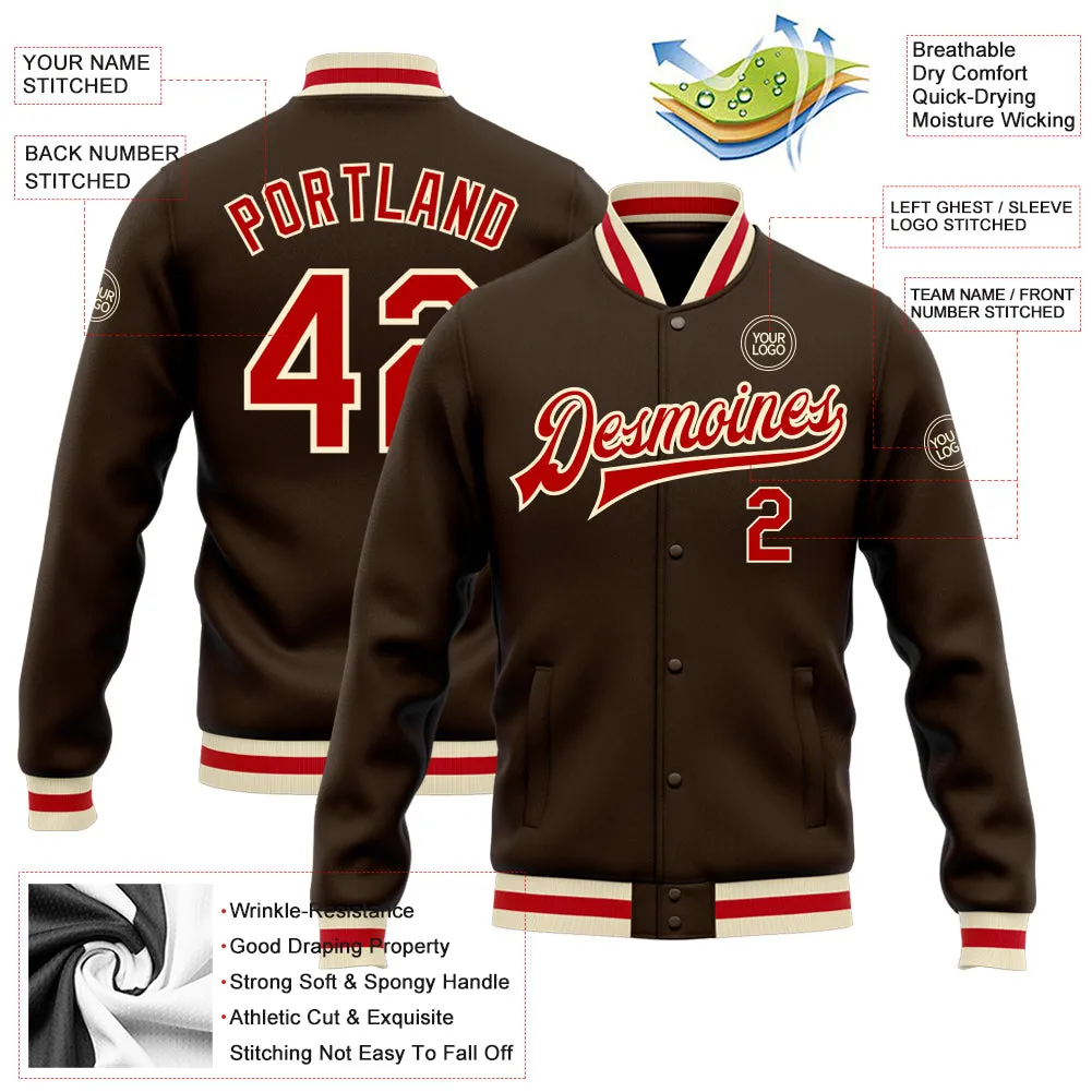 Custom Brown Red-Cream Bomber Full-Snap Varsity Letterman Jacket