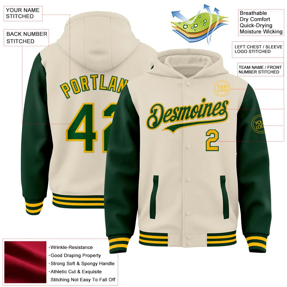 Custom Cream Green-Gold Bomber Full-Snap Varsity Letterman Two Tone Hoodie Jacket